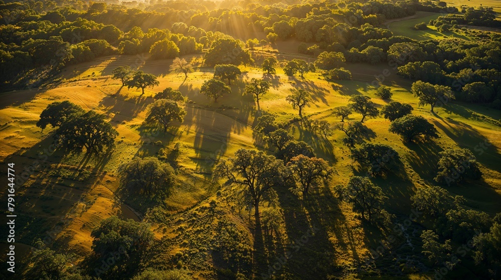 Aerial view of a dense forest with sunlight filtering through the canopy