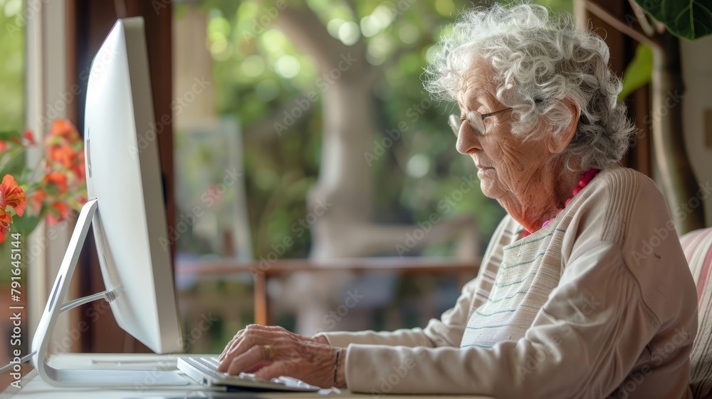 Obraz premium Elderly woman using computer at home, perfect for themes of aging and technology.
