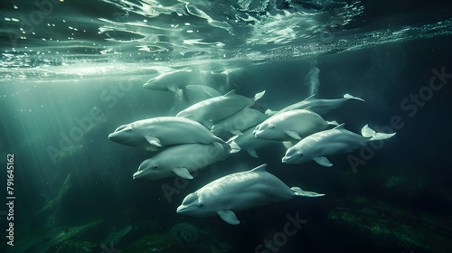 group of beluga whales swimming underwater, dolphin aquatic fish pacific © RANA