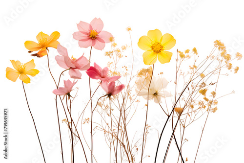 Bright colorful cosmos flowers isolated on white background. nature floral border of aquilegia flowers and red poppies isolated on a white background with transparent background Generative Ai