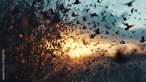 Murmuration of Starlings Dancing in the Twilight Sky, Forming Fluid Shapes as They Glide in Unison Above the Landscape.