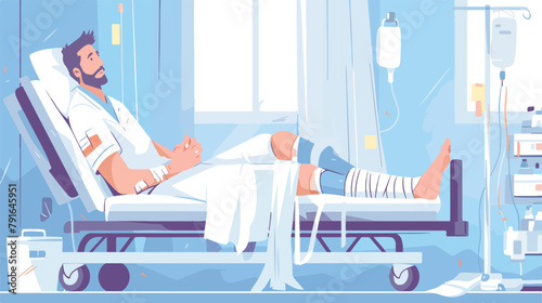 Man with broken leg and hand in Hospital. Vector il
