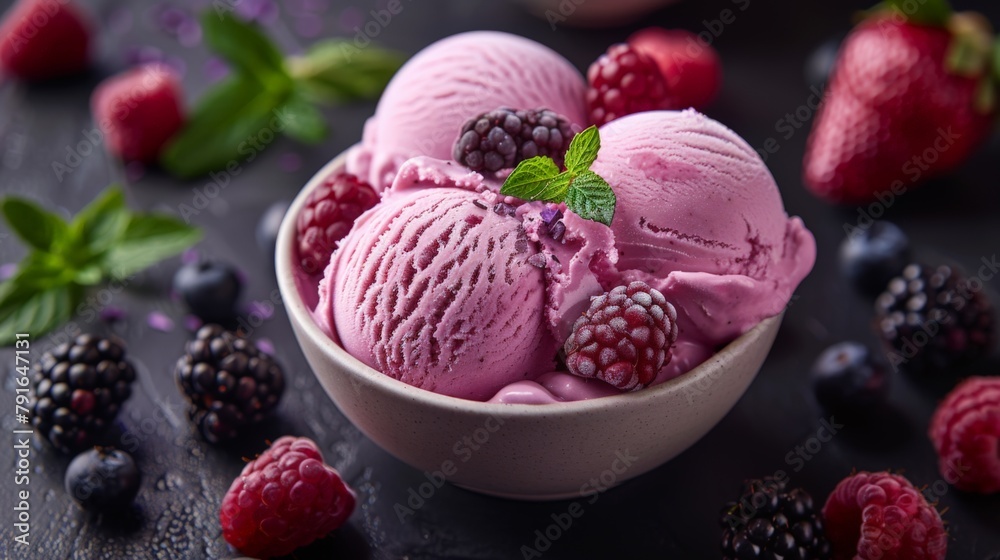 Bowl with four scoops of pink ice-cream toped with raspberries, blackberries and mint leaves Bowl with four scoops of pink ice-cream toped with raspberries, blackberries and mint leaves