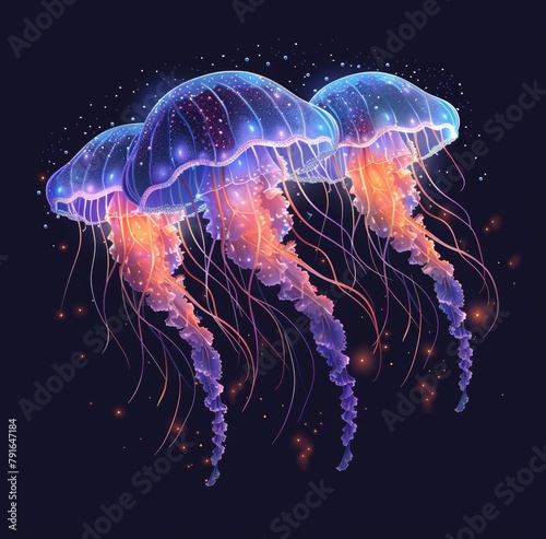 jelly fishes in the sea or in the ocean, against dark background