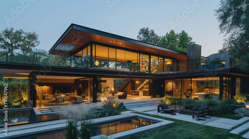 An examination of a luxurious modern house with sleek design and expansive glass walls set in a natural environment.