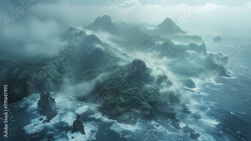 Mysterious and lush Forgotten Isles hidden by fog and turbulent seas seen from above, evoking a sense of secrecy and beauty.