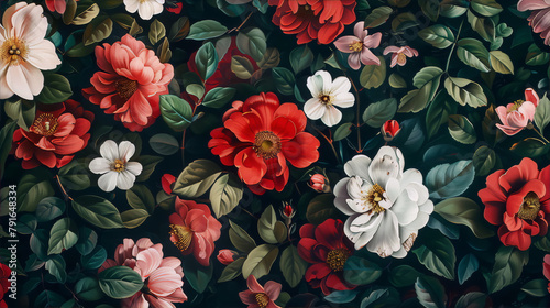 vibrant red and white flowers of various kinds with green leaves on a dark background in a detailed realistic style