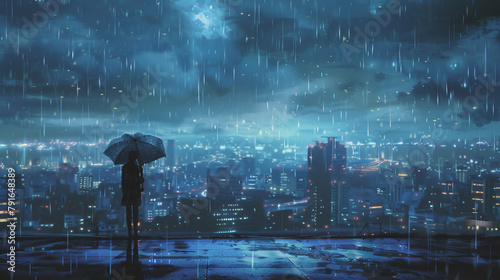 A lone person with an umbrella gazes at the horizon amidst a rainy cityscape. photo