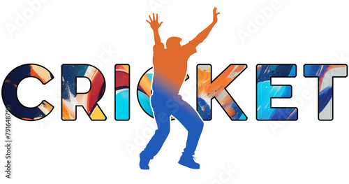 Isolated text CRICKET on Withe Background - Color Icon Gradient Silhouette Figure of a Male Bowler Appealing for LBW photo