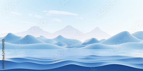 3d render, cartoon illustration of blue hills with water in the background, simple minimalistic style, low detail copy space for photo text or product, blank 