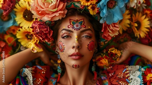  A radiant woman wearing a stunning Mexican dress, flowers intricately arranged on her head and floral patterns painted on her face, evoking the vibrant celebrations of Cinco de Mayo in a high-definit