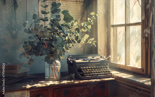 Vintage typewriter and eucalyptus bouquet bathed in warm sunlight on wooden table by the window in shabby chic home interior, still life photography photo