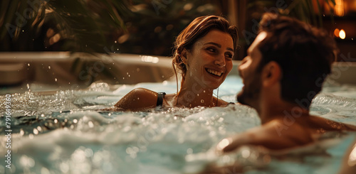 a couple relaxing in a jacuzzi with hot tub water at a spa resort hotel  smiling with natural lighting
