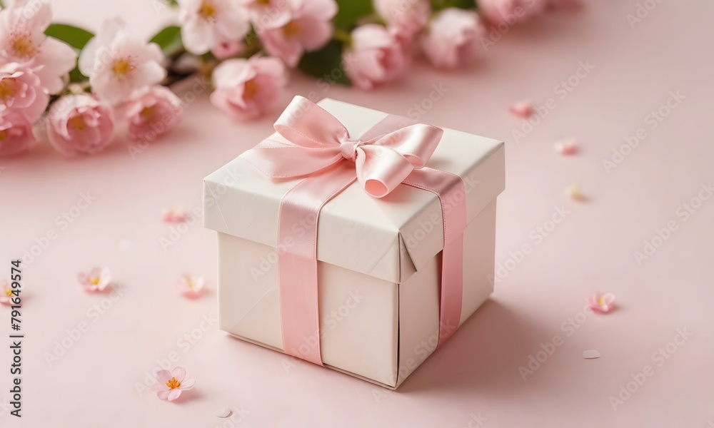 Obraz premium Small elegant present gift box with tiny pale pink satin ribbon decorated with blooming sakura flowers