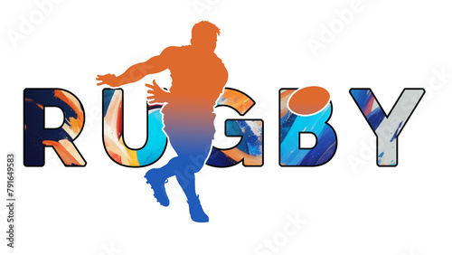 Isolated text RUGBY on Withe Background - Color Icon Gradient Silhouette Figure of a Male Scrumhalf Passing Ball photo