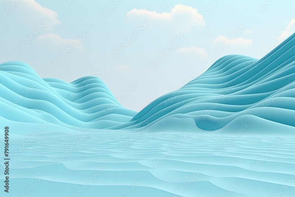 3d render, cartoon illustration of cyan hills with water in the background, simple minimalistic style, low detail copy space for photo text or product