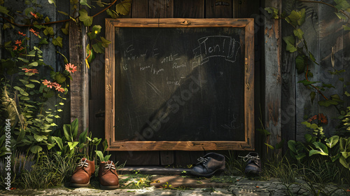 A chalkboard and empty shoes at the garden door photo