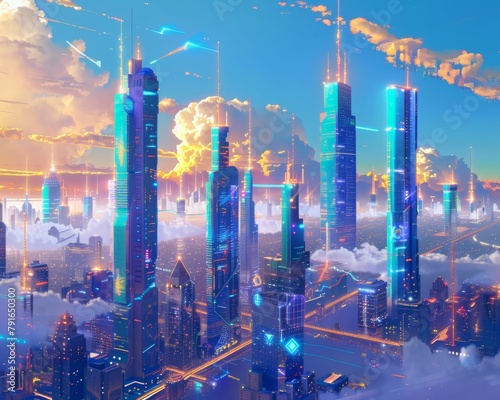 A panoramic view of a digital cityscape where every transaction is powered by blockchain and cryptocurrencies photo