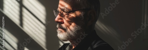 A moody profile shot of a man where intriguing shadows cast across his face, suggesting contemplation and mystery