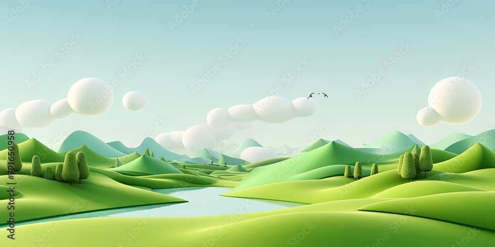 3d render, cartoon illustration of green hills with water in the background, simple minimalistic style, low detail copy space for photo text or product