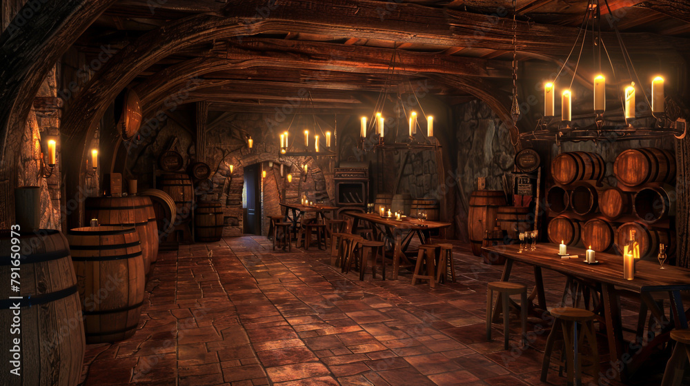 A dimly lit wine cellar filled with wooden barrels.