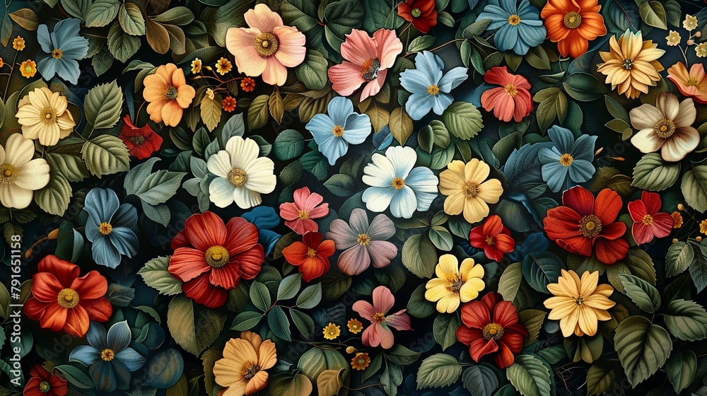 Lush 3D wallpaper with a rich tapestry of colorful flowers and verdant leaves