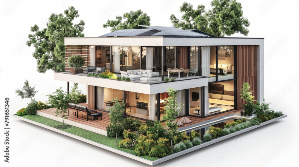 A 3D model of a modern house with solar panels on its roof, showcased against a white background for clarity. A 3D model of a modern house with solar panels on its roof, showcased against a white background for clarity.