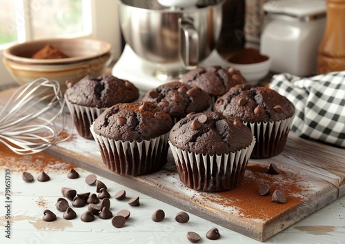 Double chocolate chip muffins on a wood table.