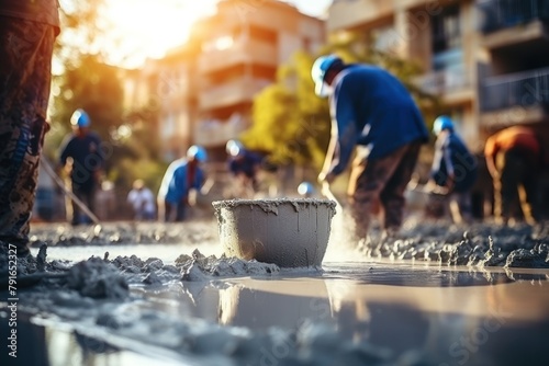 workers pour concrete at a construction site. Concept of building a house or building roads photo