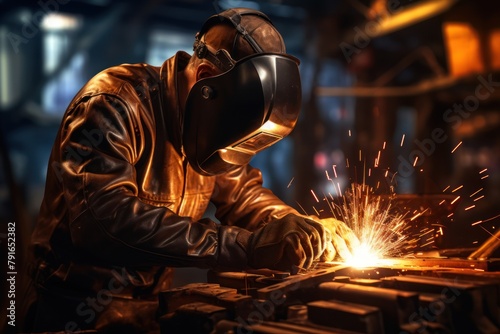 Industrial welder working with protective mask welding steel structure in factory © Berezhna_Iuliia