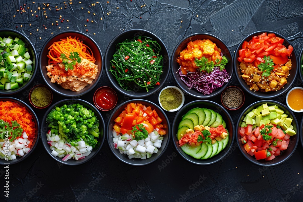 A selection of vibrant poke bowls filled with various fresh ingredients, displayed on a dark textured surface