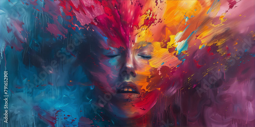 Colorful abstract portrait of a woman with eyes closed  in blue  orange  red and purple hues  with paint splatters  in contemporary style  for a vibrant and emotional feel.