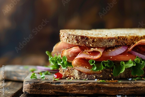 Frisches knuspriges Sandwich mit Schinken, Tomaten und Salat auf rustikalem Holzbrett 