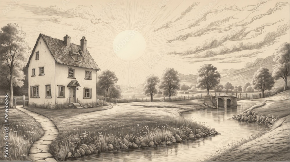 Monochrome pencil drawing of a house near the river