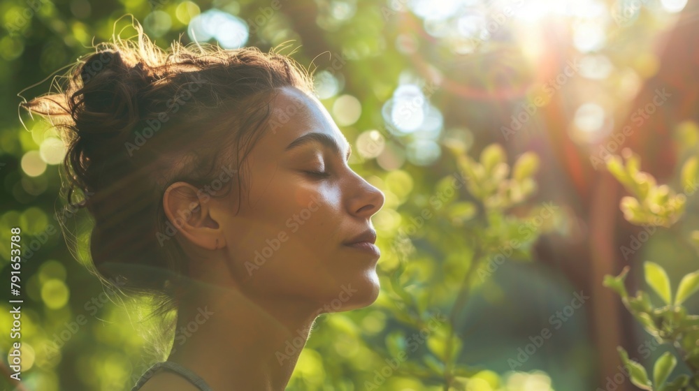 Serene Woman Enjoying Sunlight in Lush Park at Sunset Serene Woman Enjoying Sunlight in Lush Park at Sunset