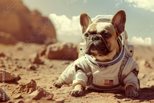 French bulldog on Mars in spacesuit photo