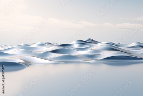 3d render, cartoon illustration of silver hills with water in the background, simple minimalistic style, low detail copy space for photo text or product
