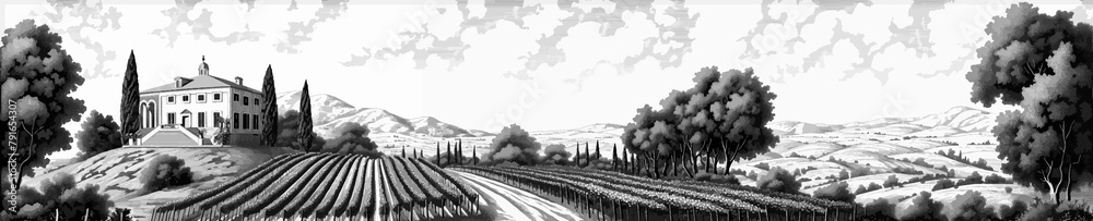 Obraz premium majestic villa surrounded by the orderly rows of a vineyard sketch engraving generative ai raster illustration. Scratch board imitation. Black and white image.