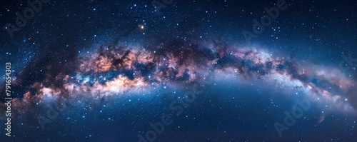 A panoramic view of the Milky Way galaxy, with stars twinkling in the dark blue sky. photo