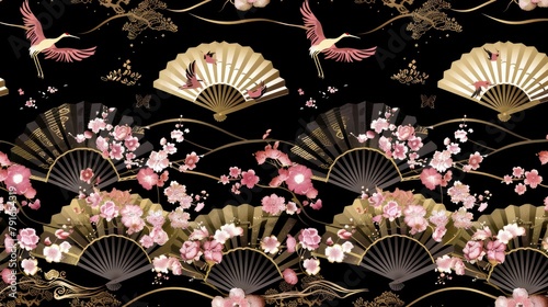 A pattern of elegant Japanese fans and cherry blossoms  with cranes flying in the background 
