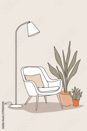 Continuous line drawing of an interior with an armchair and a plant, a table and a lamp. Vector flat simple illustration