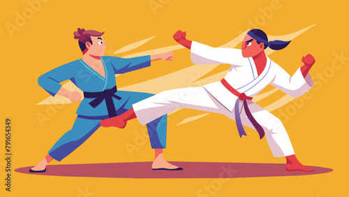 In a sparring match a skilled martial artist shifts their weight effortlessly maintaining balance and fluidity in their movements to keep their