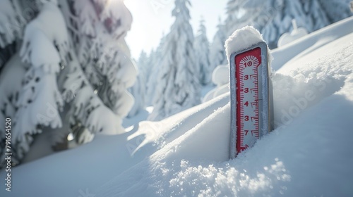 A thermometer placed in snow indicates low temperatures, measured in either Celsius or Fahrenheit photo
