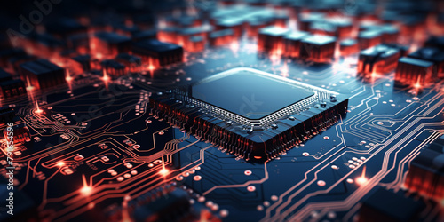 Electronic computer hardware technology Motherboard digital chip AI generated, Neon Microchip Circuit In A Minimal Geometric