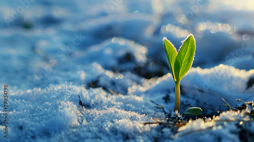 Young Green Sprout Emerging from Snowy Ground