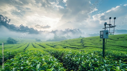 A weather station amidst a green tea field illustrates 5G technology combined with smart farming concepts