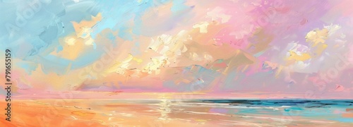 Beautiful sunset over the ocean with pink and blue sky, golden sand beach and clouds.