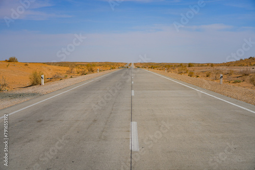 Symmetric view of the A380 highway passing through the Kyzylkum Desert, Khorezm, Uzbekistan, Central Asia photo
