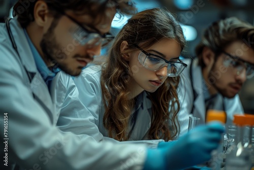 A team of concentrated scientists examining specimens in a lab environment with a focus on a woman
