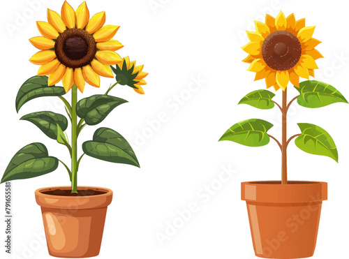 Sunflowers seedling with yellow flowers in pot